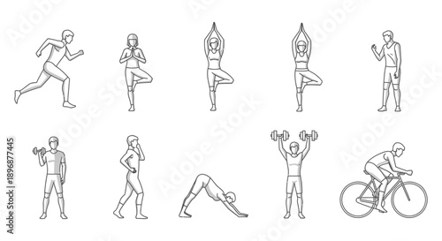 minimalist line art icons of people exercising running yoga weightlifting and cycling promoting active healthy lifestyle concepts.