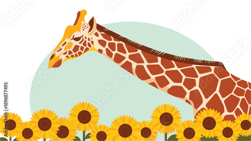 A colorful illustration of a giraffe's head and neck surrounded by sunflowers