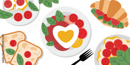 Cute Breakfast Food Vector Set Fried Egg, Toast, Croissant and Sandwich