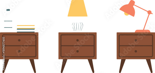 Mid-Century Modern Nightstands and Table Lamps Flat Vector Illustration