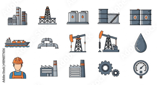 Industrial Icons Set Featuring Oil Rigs and Factories.