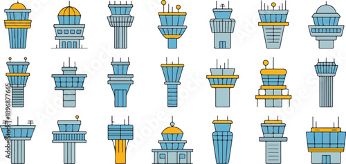 Airport Control Tower Line Icon Set for Aviation and Air Traffic Management