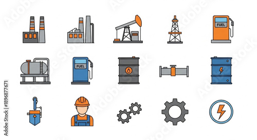 Industrial icons set for oil and gas industry and energy sector.