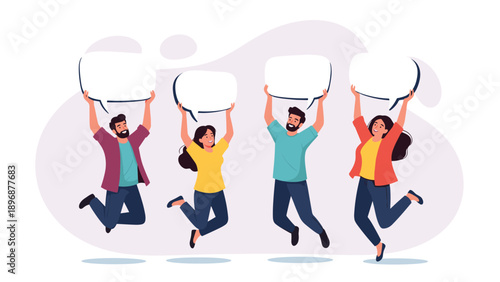 Group of four diverse young adults jumps high for joy while holding large empty white speech bubbles above their heads in a celebration.
