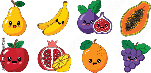 Cute Kawaii Fruit Characters with Funny Faces Minimal Line Vector Set