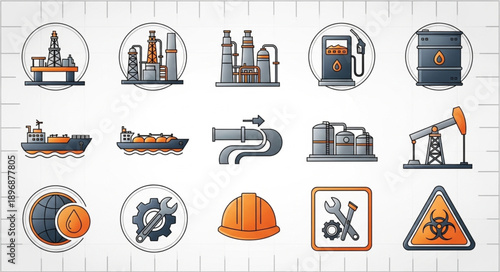 Industrial Icons Set Representing Energy and Manufacturing Sectors.