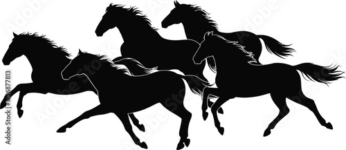 Five powerful horses gallop together in a unified, dynamic motion across a bright background.