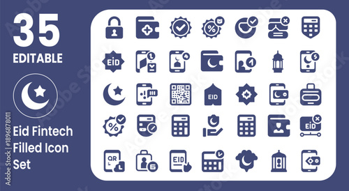 Eid Digital Payment and Zakat Fintech Filled Icons for Mobile Banking and Charity Apps