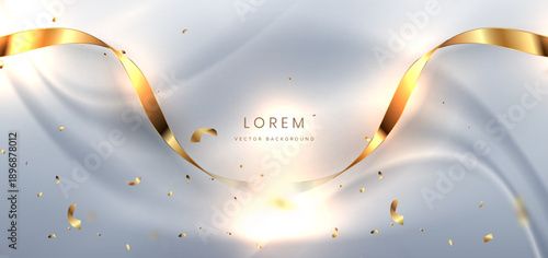 Luxury white background with gold ribbon confetti effect and bokeh. Celebration grand opening party happy concept.