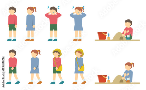 フラットイラスト：小さい男の子と女の子セット