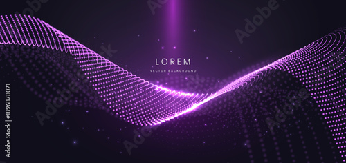 Technology futuristic dotted purple glowing wave with lighting effect sparkling on dark background.