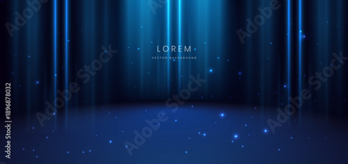 Futuristic scene glowing vertical blue neon light ray on dark blue background.