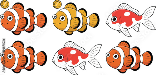 Adorable Clownfish and Koi Fish Characters with Funny Expressions Vector Set