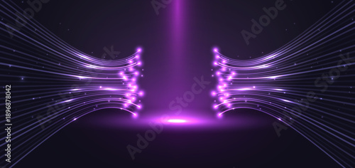 Technology futuristic curve lines purple glowing wave with lighting effect sparkling on dark background.
