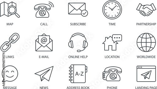 Minimal line contact icons set for website interface communication support navigation email phone map time business services ui vector design