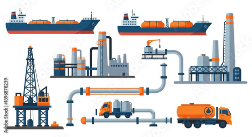Industrial oil and gas extraction and transportation illustration.