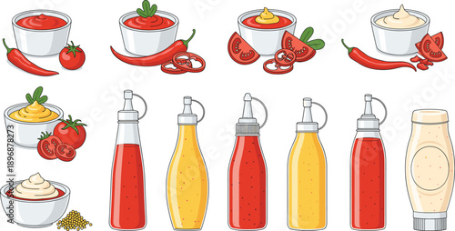 Sauce and Condiment Bottles Vector Set with Ketchup Mustard Mayonnaise and Chili IllustrationSauce and Condiment Bottles Vector Set with Ketchup Mustard Mayonnaise and Chili Illustration