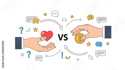 Two professional hands reach out toward a central vs sign while holding a red heart and a gold dollar coin, symbolizing a life values choice.
