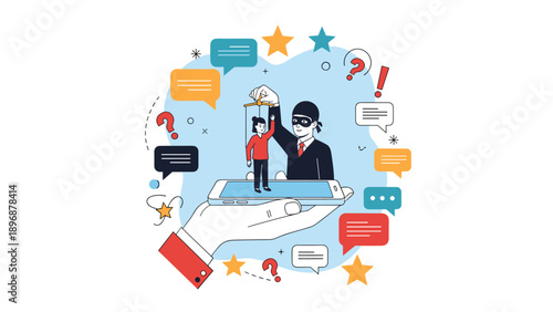 Cyber criminal in a mask manipulates a tiny person like a puppet on a smartphone screen, representing a serious online security threat or scam.