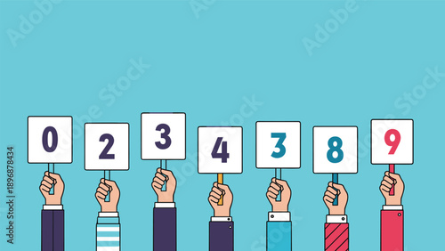 Diverse human hands hold up white rectangular scorecards displaying various numbers against a solid light blue background for feedback.