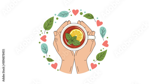 Pair of hands gently cradles a white mug filled with hot herbal tea, lemon slices, and mint leaves, framed by a whimsical botanical wreath.