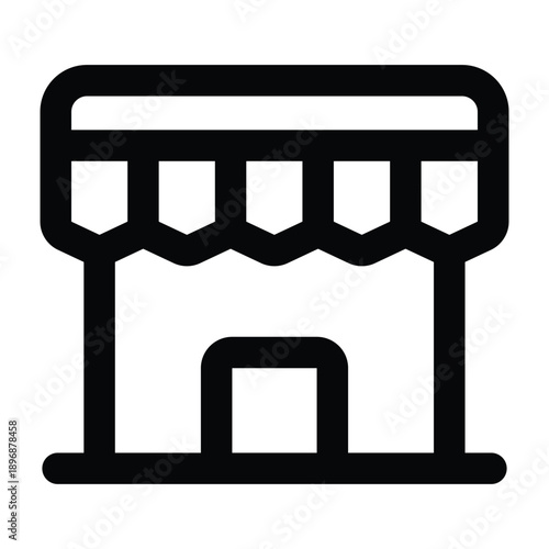 Black line illustration of a retail shop storefront with awning. Clean minimal style representing physical stores, small business, retail commerce, and local shopping on white background.