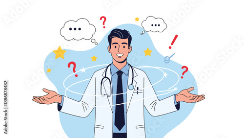 Male physician in a white lab coat and stethoscope stands with arms open and a confused expression amidst floating question mark icons.
