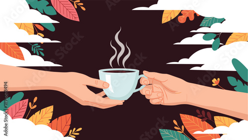 Two people share a steaming cup of hot beverage against a dark background decorated with colorful autumn leaves and cloudy formations.