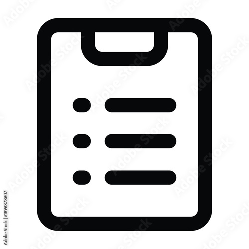 Black outline illustration of a checklist document with bullet points. Clean line style suitable for shopping lists, task management, planning, productivity concepts on white background.