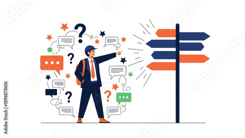 Businessman with a backpack points toward a multi-directional signpost while surrounded by floating mental icons and various thoughts.