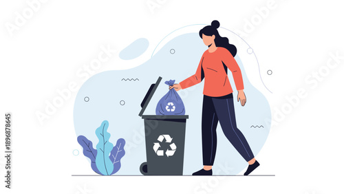 Woman carefully places a blue recycling bag into a large gray bin marked with the universal recycling symbol in a clean environment.
