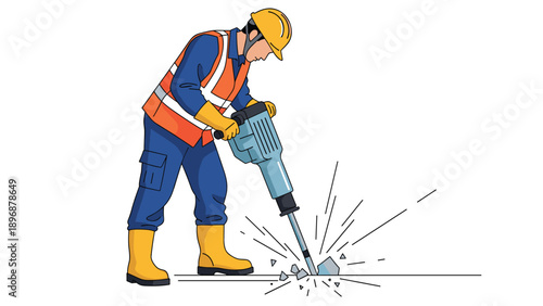 Construction worker in safety gear and a hard hat uses a powerful jackhammer to break through the concrete floor at a development site.