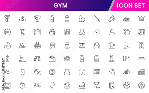 Gym icons depicting fitness, exercise, workout equipment, dumbbells, treadmills, yoga, strength training, health, wellness, cardio, personal training, motivation, stretching