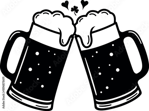 Two Beer Mugs Toasting with Foam and Clover Detail Silhouette