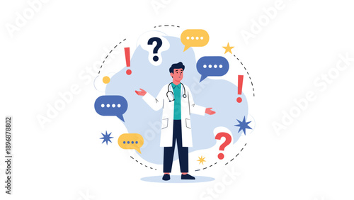Male doctor in medical attire looks puzzled while surrounded by floating question marks and colorful speech bubbles on a blue backdrop.
