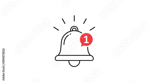 Simple black and white line art bell icon features a bright red notification bubble displaying the number one for a new message alert.