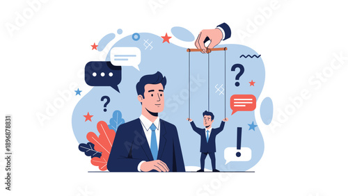 Large hand controls a tiny puppet version of a businessman using strings while a larger corporate man watches him curiously.