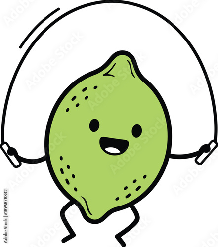 Cartoon lime character jumping rope with a happy expression