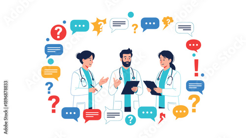 Group of three medical professionals in white coats engage in a collaborative discussion amidst various floating health related icons.