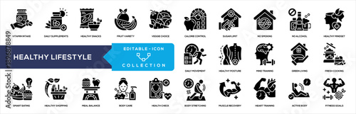 Healthy Lifestyle Icon Collection for Nutrition Fitness Wellness Habits and Preventive Healthcare
