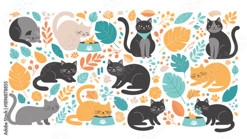 Whimsical collage features numerous colorful cats in various poses interspersed with falling autumn leaves and pet related icons.