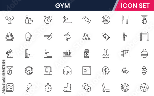 Gym icons depicting fitness, exercise, workout equipment, dumbbells, treadmills, yoga, strength training, health, wellness, cardio, personal training, motivation, stretching