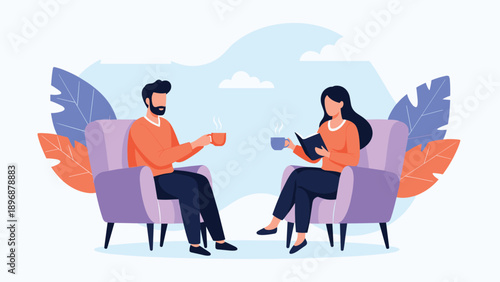 Mature couple enjoys a peaceful moment together while drinking hot beverages and reading books in comfortable purple armchairs.