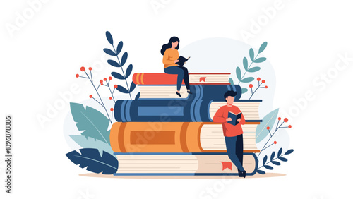 Young man and woman find inspiration by reading books while relaxing on a massive stack of colorful literature in a lush garden.