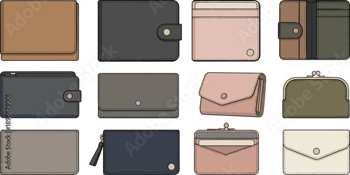Leather Wallet and Coin Purse Vector Set with Minimal Card Holder and Clasp Designs