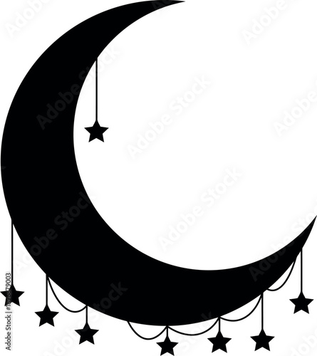 Crescent Moon Silhouette with Hanging Stars and Decorative Garlands
