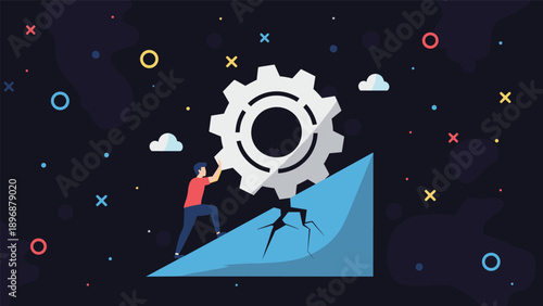 Determined man puts in great effort to push a massive white mechanical gear up a steep blue slope under a dark starry night sky.