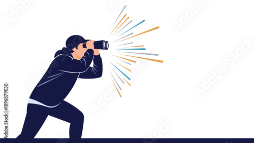 Curious person in a dark hoodie looks through binoculars as vibrant rays of light emerge from the lenses into the surrounding space.