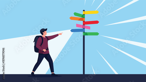Adventurous hiker with a backpack stands at a crossroads looking at a colorful multi-directional signpost to choose his next path.