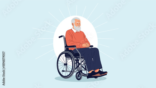 Wise elderly man with a white beard sits calmly in a manual wheelchair against a soft blue background with bright radiating lines.
